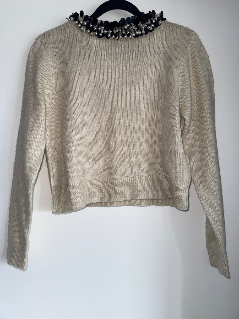 🦙 Alpaca Blend Zara Cream Crewneck Sweater with Jeweled Collar